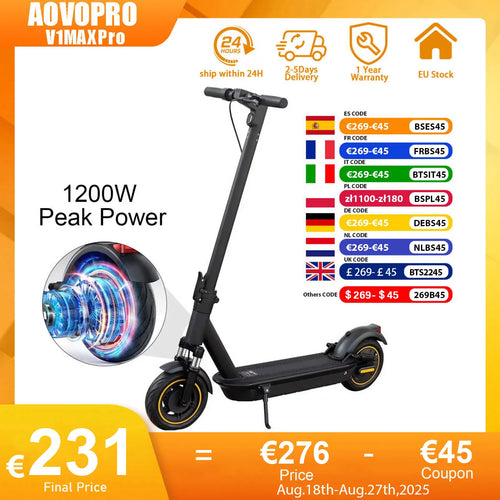 AOVOPRO V1MAX PRO 1200W Electric Scooter 45KM Max Range 35KM/H 500W Motor Power 42V14.5AH Folding Electric Scooter for Adults
